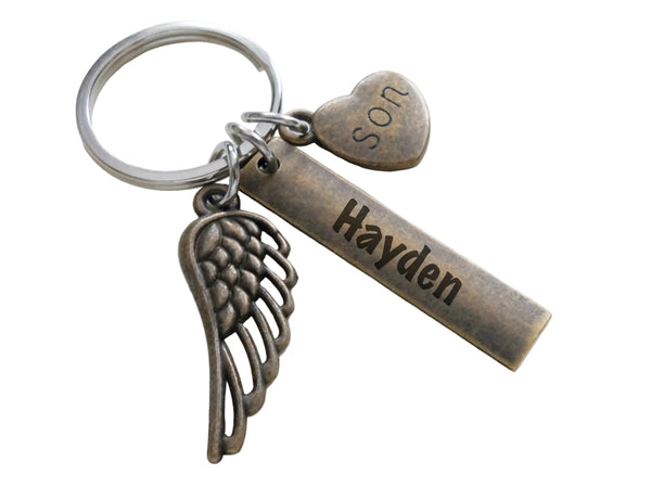Memorial Keychain with Bronze Wing & Family Relation Charm, and Custom Engraved Rectangle Tag