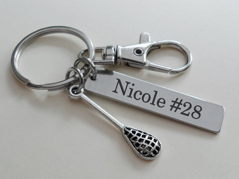 Lacrosse Stick Charm Keychain with Swivel Clasp & Custom Engraved Tag, Graduate Team Player or Coach Gift