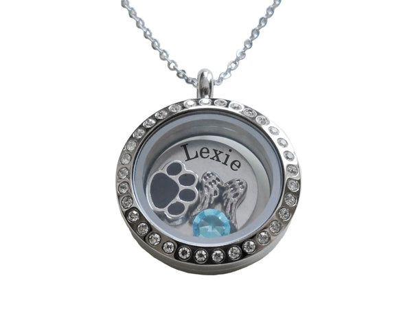 Custom Pet Memorial Stainless Steel Circle Locket Necklace for Family Pet Loss with Paw & Wing Charms and Custom Engraved Disc