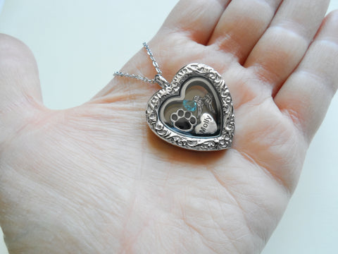 Custom Pet Memorial Stainless Steel Heart Locket Necklace for Family Pet Loss with Paw & Wing Charms and Custom Engraved Heart Charm by JewelryEveryday