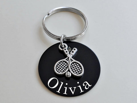 Tennis Racquets Charm Keychain with Custom Engraved Aluminum Disc, For Student or Coach by JewelryEveryday