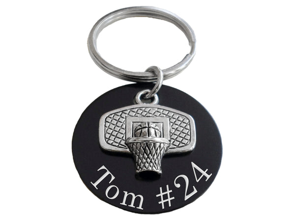 Basketball Hoop Charm Keychain with Custom Engraved Black Aluminum Disc with Clasp, For Graduate, School Team Player or Coach Gift by JewelryEveryday