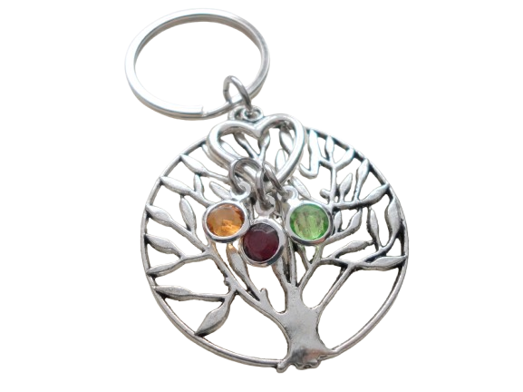 Personalized Family Tree Keychain with Birthstone Charms, Gift for Mom or Grandma