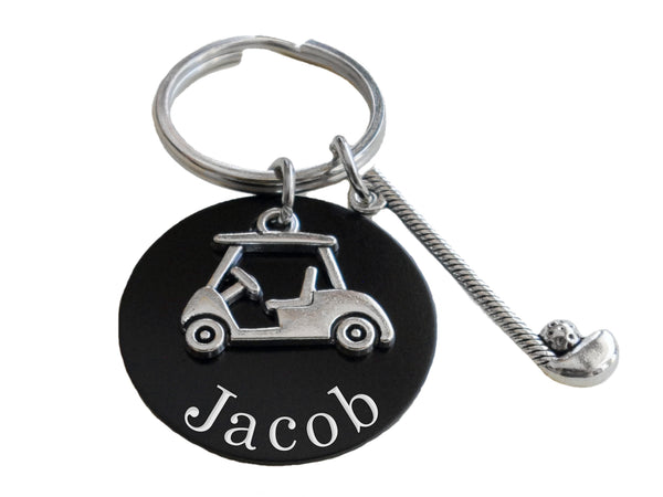 Golf Keychain with Golf Club & Golf Cart Charm & Custom Engraved Black Aluminum Disc, Golfer or Coach Keychain by JewelryEveryday