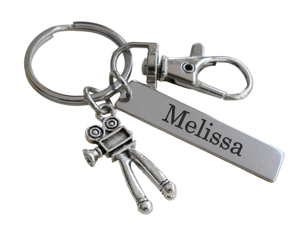 Personalized Movie Camera Charm Keychain with Custom Engraved Tag & Clasp, Gift for Videographer, Producer or Actor by JewelryEveryday
