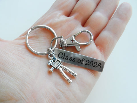 Personalized Movie Camera Charm Keychain with Custom Engraved Tag & Clasp, Gift for Videographer, Producer or Actor by JewelryEveryday