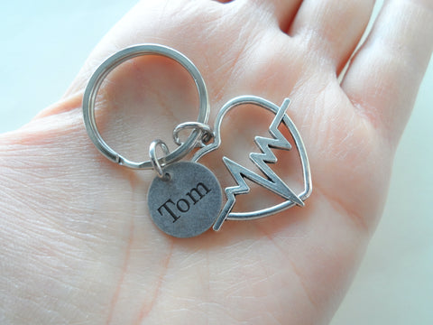 Medical Charm Keychain with Heart Beat Charm and Custom Engraved Disc, Medical Professional or Professor Keychain