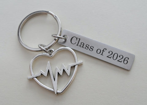 Medical Charm Keychain with Heart Beat Charm and Custom Engraved Tag, Medical Professional or Professor Keychain