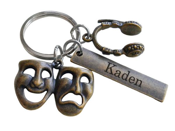 Bronze Acting Charm Keychain with Drama Mask Charm, Headset Charm, and Custom Engraved Tag, Director, Videographer, or Actor Keychain by JewelryEveryday