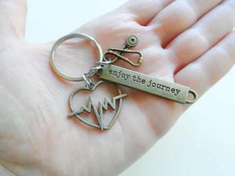 Bronze Heartbeat Medical Charm Keychain with Stethoscope Charm and Enjoy the Journey Tag, Doctor Office, Hospital Staff Thank you Gift by JewelryEveryday