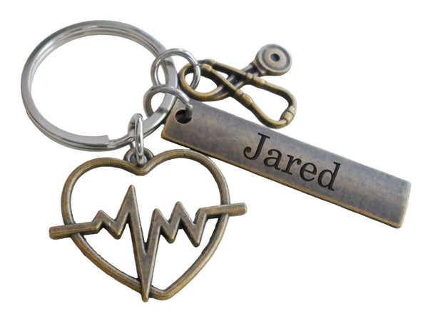 Medical Charm Keychain with Bronze Heartbeat & Stethoscope Charm with Custom Engraved Tag; For Medical Professional or Student