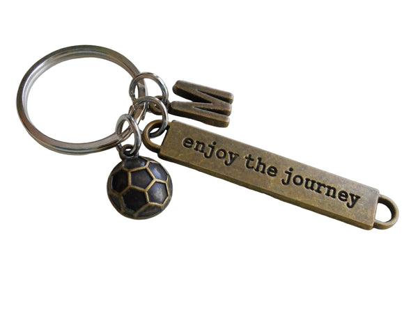 Bronze Soccer Ball Charm Keychain with Enjoy the Journey Tag and Initial Charm - Soccer Player or Coach Key Chain by JewelryEveryday