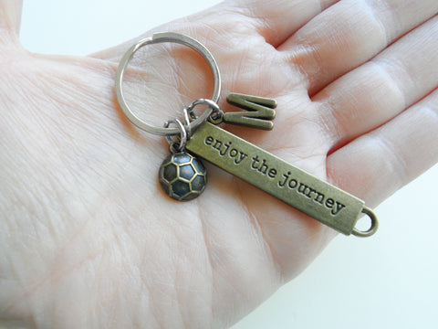 Bronze Soccer Ball Charm Keychain with Enjoy the Journey Tag and Initial Charm - Soccer Player or Coach Key Chain by JewelryEveryday