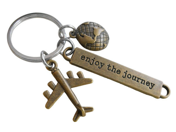 Bronze Airplane & Globe Charm Keychain with "Enjoy the Journey" Tag, Encouragement Keychain by JewelryEveryday