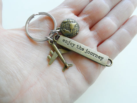 Bronze Airplane & Globe Charm Keychain with "Enjoy the Journey" Tag, Encouragement Keychain by JewelryEveryday