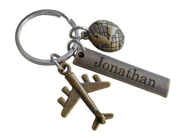 Bronze Airplane & Globe Charm Keychain with Custom Engraved Tag, Encouragement Keychain by JewelryEveryday