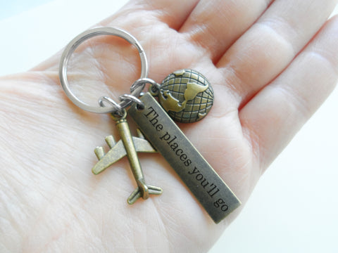 Bronze Airplane & Globe Charm Keychain with "The Places You'll Go" Engraved Tag, Encouragement Keychain by JewelryEveryday