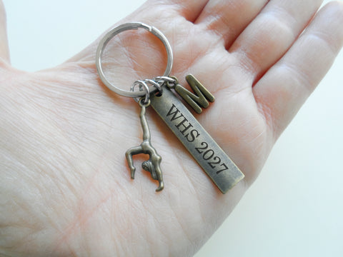 Bronze Gymnast Charm Keychain with Custom Engraved Tag & Initial Charm, Gymnastics Student or Coach Keychain by JewelryEveryday