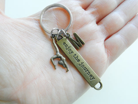 Bronze Gymnast Charm Keychain with Enjoy the Journey Tag & Initial Charm, Gymnastics Student or Coach Key Chain by JewelryEveryday