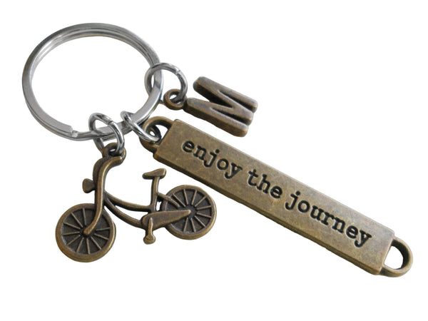 Bronze Bike Charm Keychain with Enjoy the Journey Tag & Letter Charm; Biker's Keychain, Graduate or Biking Coach Gift by JewelryEveryday