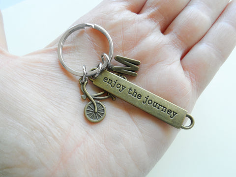 Bronze Bike Charm Keychain with Enjoy the Journey Tag & Letter Charm; Biker's Keychain, Graduate or Biking Coach Gift by JewelryEveryday