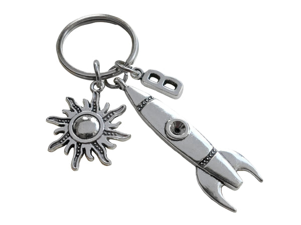 Rocket Ship Charm Keychain with Sun Charm & Initial Charm by JewelryEveryday