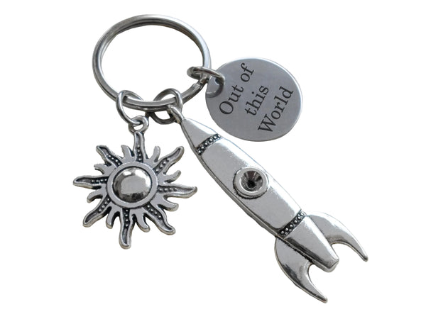 Rocket Ship Charm Keychain with Sun Charm & Custom Engraved Disc by JewelryEveryday
