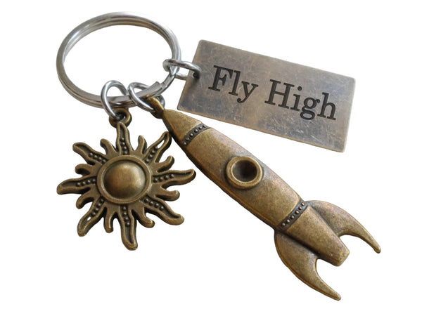 Bronze Rocket Ship Charm Keychain with Sun Charm & Custom Engraved Tag by JewelryEveryday