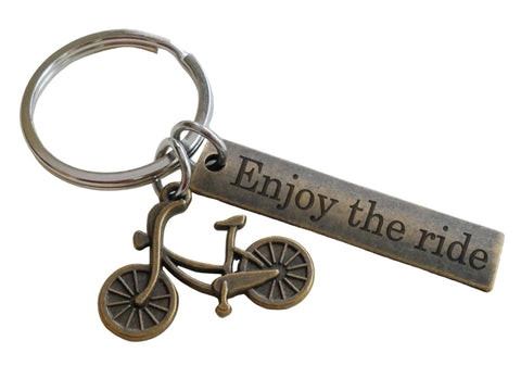 Bronze Bike Charm Keychain with Custom Engraved Tag; Biker's Keychain, Graduate or Biking Coach, Encouragement Keychain
