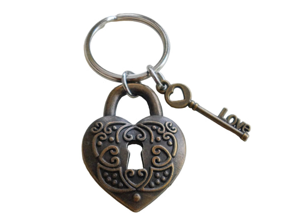 Bronze Heart Lock Charm Keychain with Love Key Charm - Key To My Heart; Couples Keychain