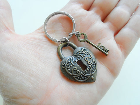Bronze Heart Lock Charm Keychain with Love Key Charm - Key To My Heart; Couples Keychain