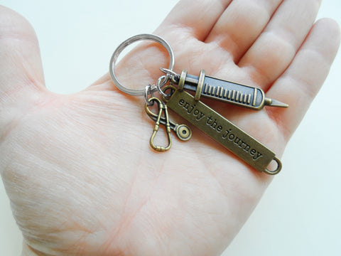 Bronze Syringe & Stethoscope Charm Keychain with Enjoy the Journey Tag, Gift for Nurse, Hospital Staff, Medical Team