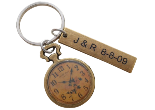 Personalized Bronze Tag Keychain Custom Engraved with Clock Charm by Jewelry Everyday