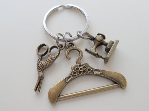 Bronze Sewing Keychain, Scissors Charm, Sewing Machine Charm & Hanger Charm, Appreciation Gift, Gift for Mom, Teacher Gift