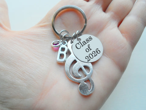 Music Keychain with Treble Clef Charm and Custom Engraved Disc, Musician, Graduate or Teacher Keychain