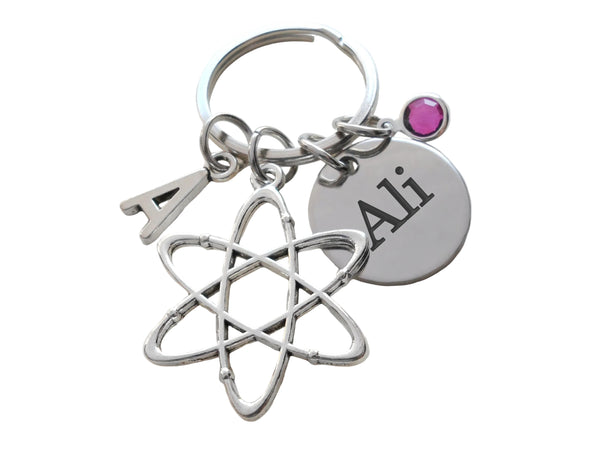 Atom Charm Keychain with Custom Engraved Disc, For Chemistry, Microbiologist, Physics, Science Teacher or Graduate