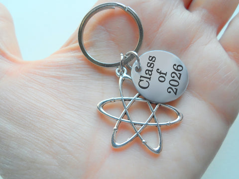 Atom Charm Keychain with Custom Engraved Disc, For Chemistry, Microbiologist, Physics, Science Teacher or Graduate