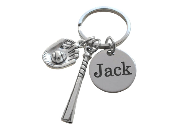 Baseball Mitt & Bat Charm Keychain with Custom Engraved Disc, Personalized For Softball or Baseball Player or Coach