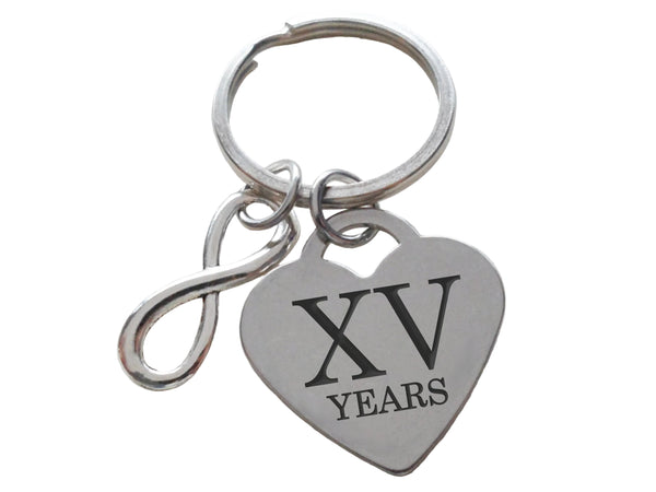 Stainless Steel Heart Tag Keychain Engraved with "XV Years" Roman Numerals for 15, with Infinity Charm, Gift for Couples 15 Year Anniversary