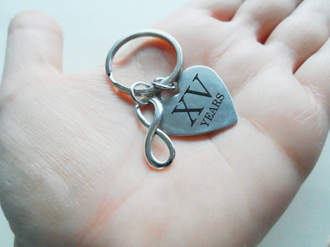 Stainless Steel Heart Tag Keychain Engraved with "XV Years" Roman Numerals for 15, with Infinity Charm, Gift for Couples 15 Year Anniversary