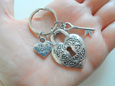 Heart Lock Charm Keychain with True Love Heart & Key Charm - Key To My Heart; Couples Keychain