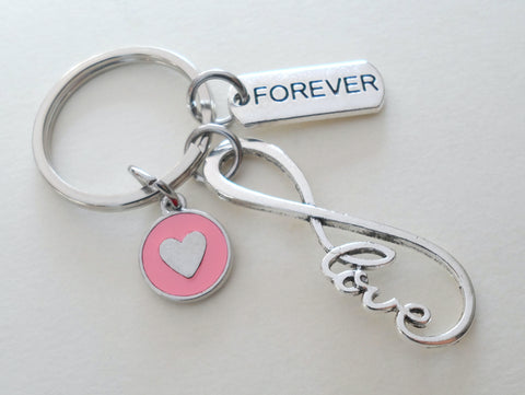 Infinity Love Symbol Keychain with Forever Tag & Pink Heart Charm- You & Me For Infinity; Couples Keychain