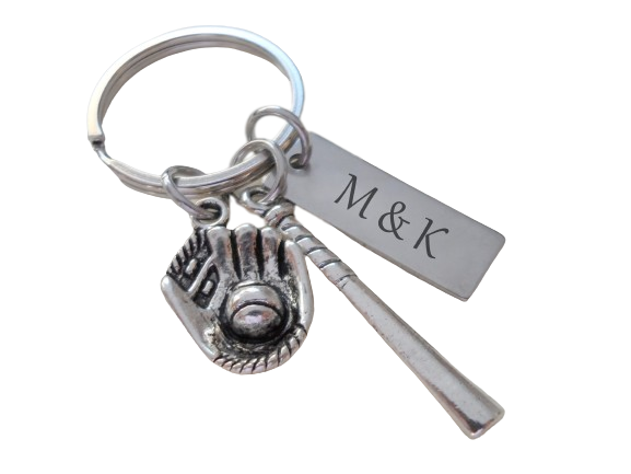 Baseball Bat and Baseball Mitt Charm Keychain and Steel Tag Custom Engraved, Baseball Fan Keychain Gift