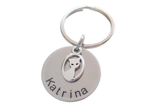 Personalized Cat Memorial Keychain Engraved with Name on Disc, Pet Memorial Keychain | JE
