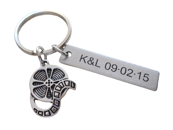 Personalized Movie & Film Keychain with Reel Charm and Steel Tag Custom Engraved, Gift for Videographer, Producer or Actor