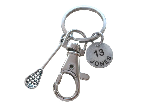 Custom Lacrosse Stick Charm Keychain with Swivel Clasp & Engraved Circle Tag, Graduate Keychain, Lacrosse Player Keychain