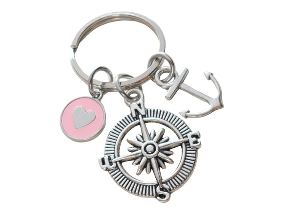 Compass Charm Keychain with Anchor & Pink Circle Charm with Heart- I'd Be Lost Without You; Couples Keychain