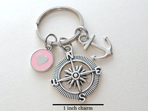 Compass Charm Keychain with Anchor & Pink Circle Charm with Heart- I'd Be Lost Without You; Couples Keychain