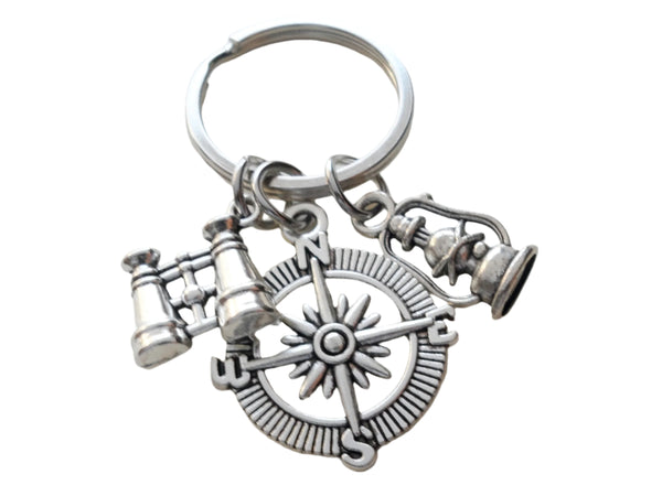 Compass Keychain with Binoculars & Lantern Charm, Camping Keychain