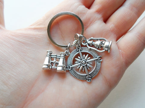 Compass Keychain with Binoculars & Lantern Charm, Camping Keychain